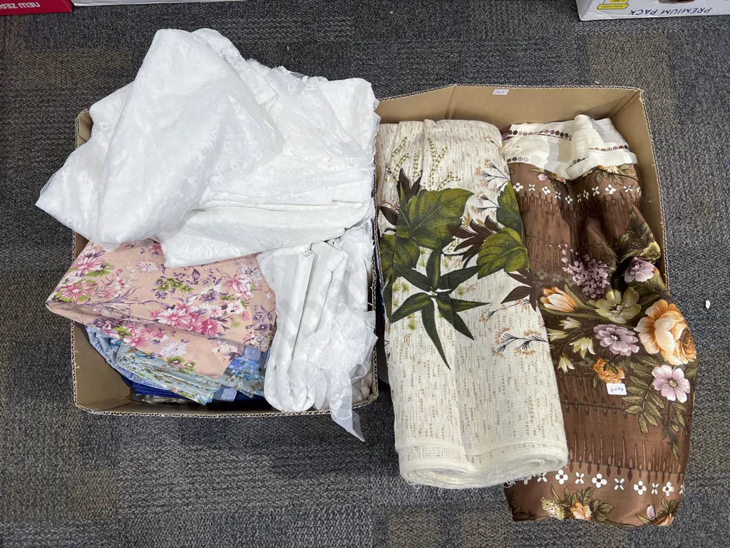 Two Boxes of Assorted Linen together with Bolts of Fabric Image 1++