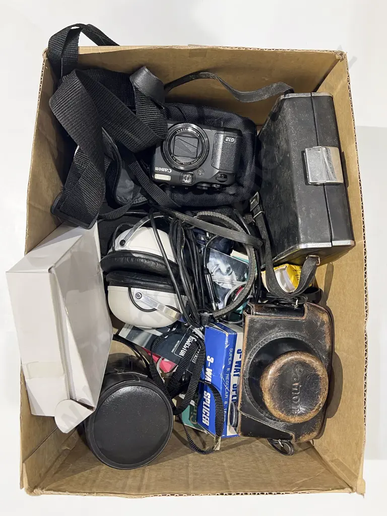 Two Boxes of Assorted Vintage Electronics together with Cameras Tripod Projector etc Image 1++