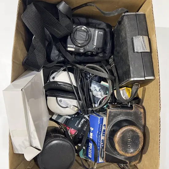 Two Boxes of Assorted Vintage Electronics together with Cameras Tripod Projector etc
