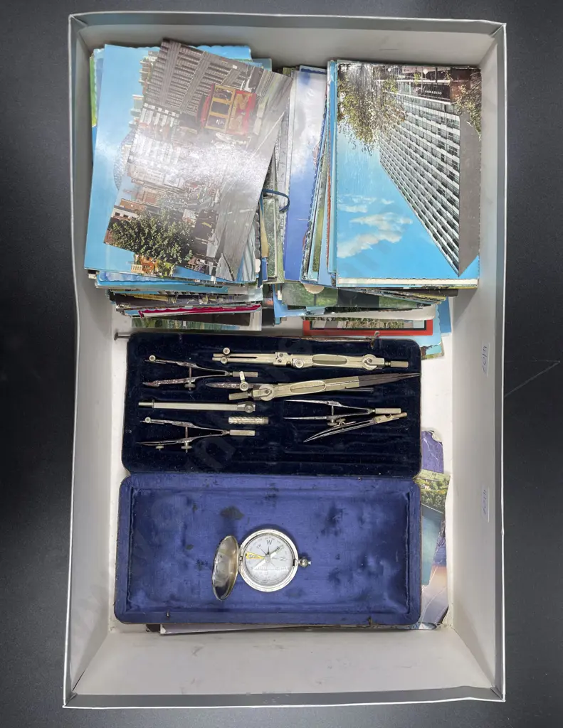 Cased Compass Set together with Assorted Postcards etc Image 1++