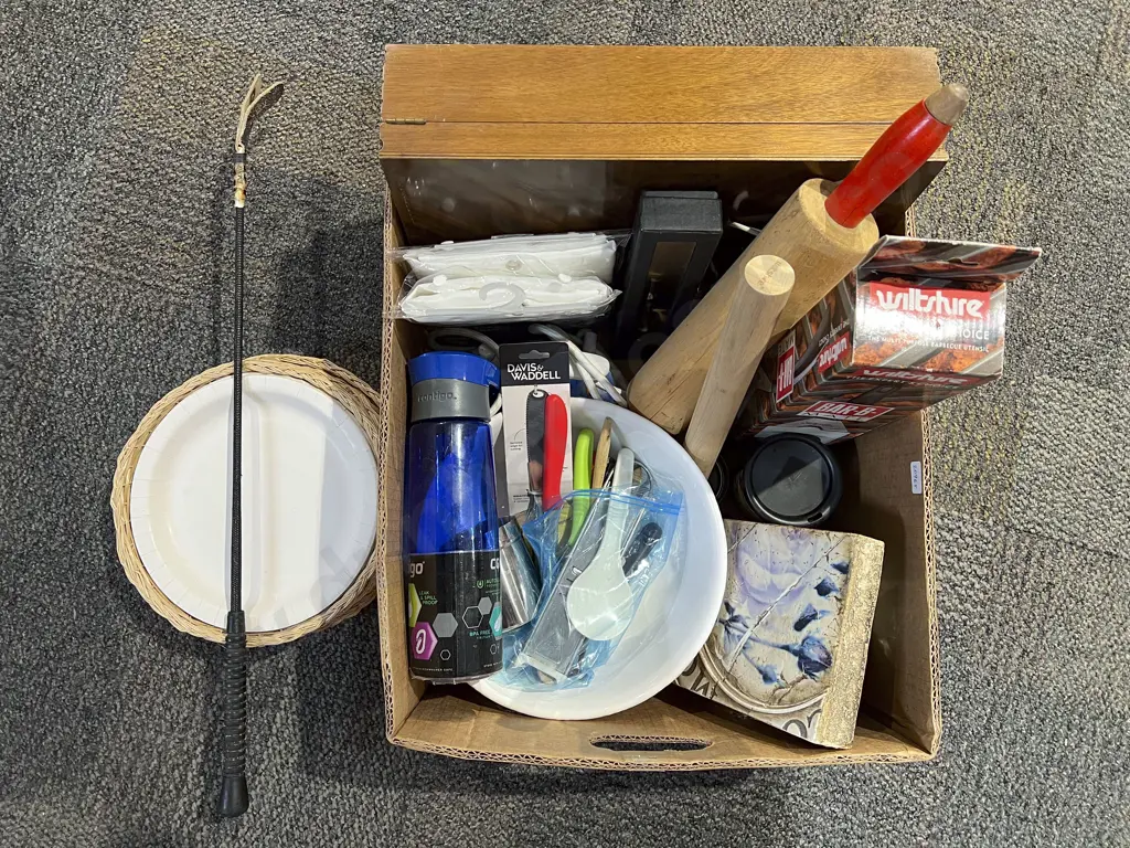Two Boxes of Assorted Kitchenware together with Sid Dickens Wall Hanging & Desert trays Image 1++
