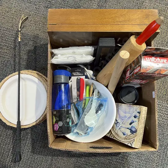 Two Boxes of Assorted Kitchenware together with Sid Dickens Wall Hanging & Desert trays