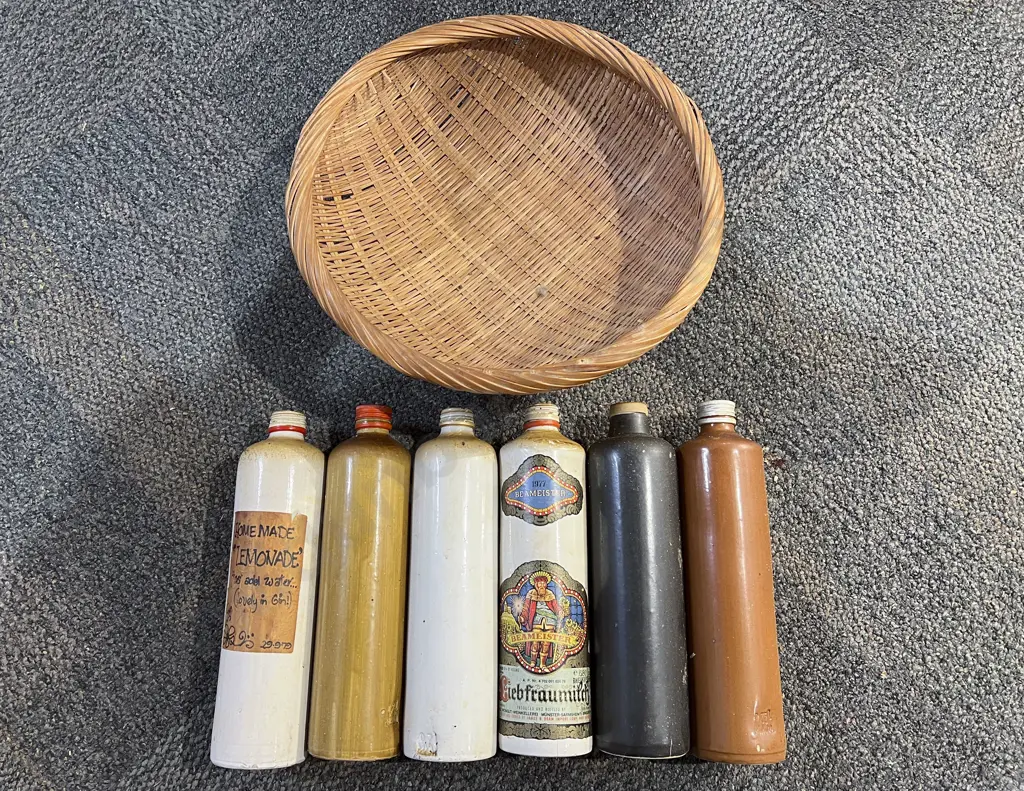 Six Assorted Vintage Stoneware Alcohol Bottles etc Image 1++