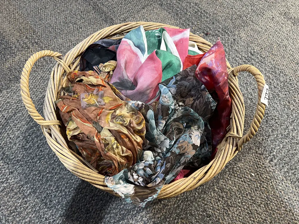 Wicker Basket with Assorted Scarves etc Image 1++