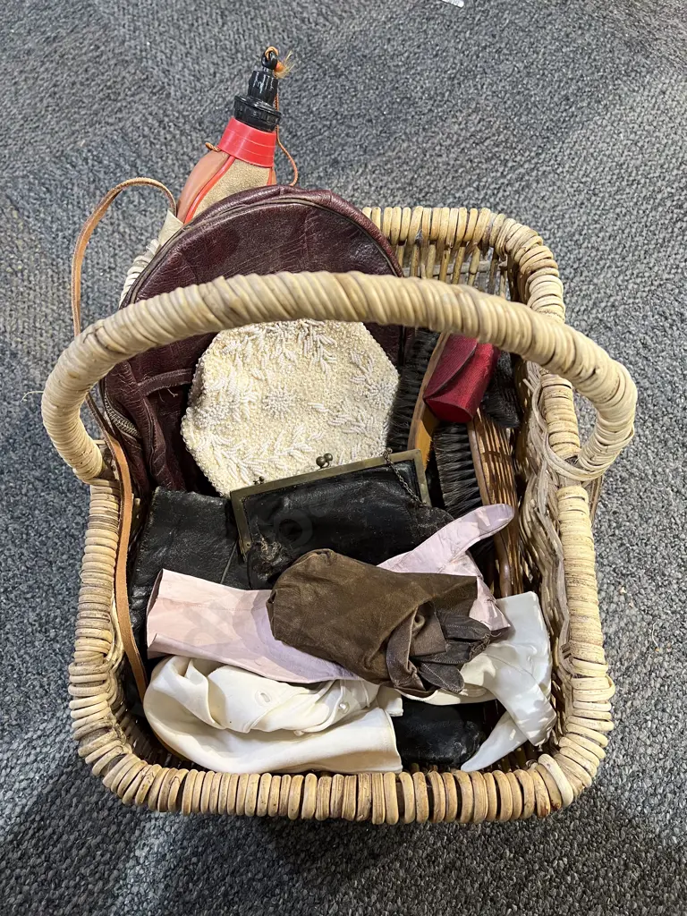 Wicker Basket with Assorted Ladies Bags Gloves etc Image 1++