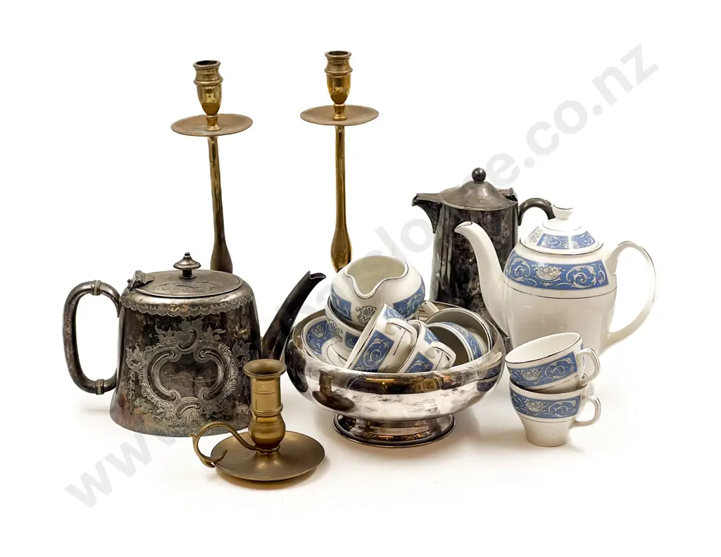 Wood & Sons Part Coffee Set & Pair of Brass Candlesticks etc Image 1++