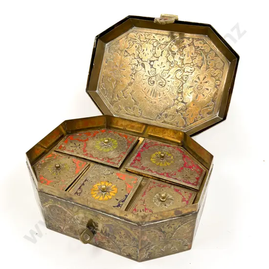 Indian Brass Paan Daan Spice Box with Fitted Interior
