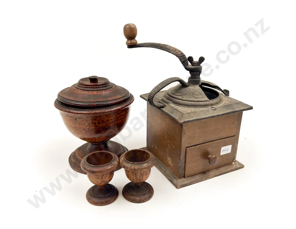 Burr Totara Lidded Urn, 2 Egg Cups & Vintage Coffee Grinder etc Image 1++