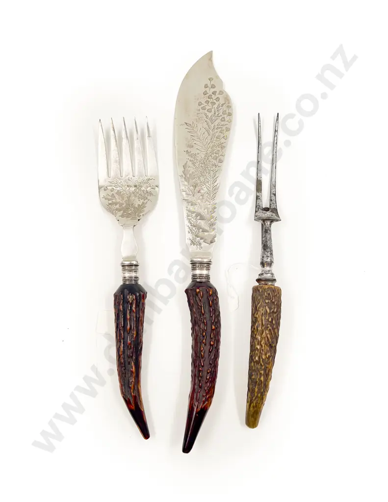 Antler Handled Fish Service together with Associated Carving Fork Image 1++