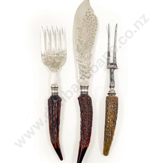 Antler Handled Fish Service together with Associated Carving Fork