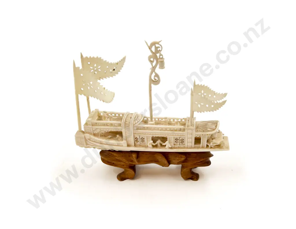 Carved Ivory River Boat on Wooden Stand (A/F) Image 1++