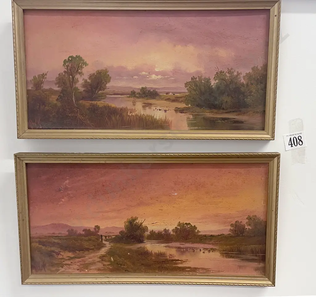 Pair H W Kirkwood Twilight Lake Scenes - Oil on Board Image 1++