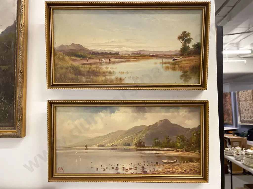 Pair H W Kirkwood Lake Scenes - Oil on Board Image 1++