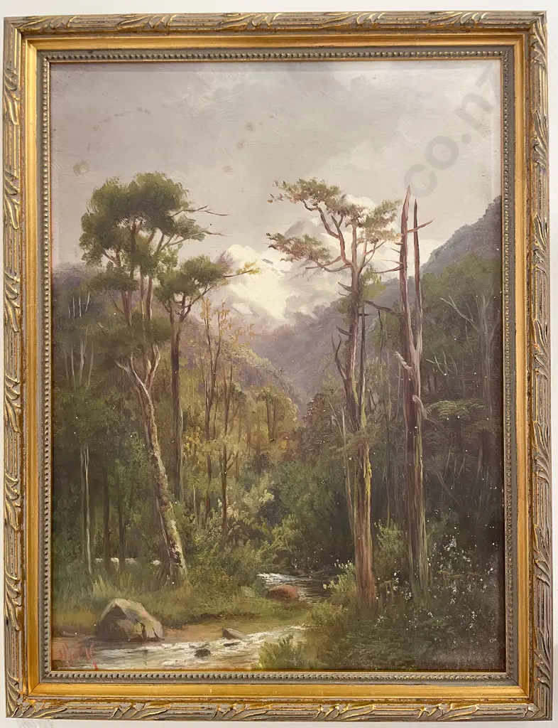H W Kirkwood - NZ Bush Scene - Oil on Board (a/f) Image 1++