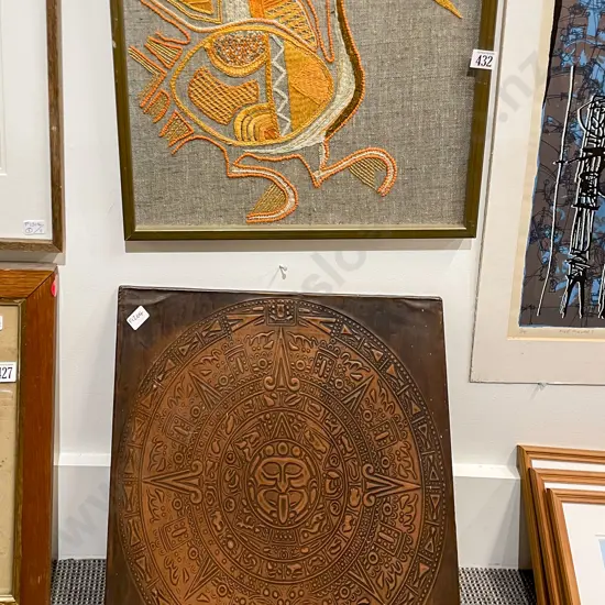 Framed Embroidery together with Copper Wall Hanging