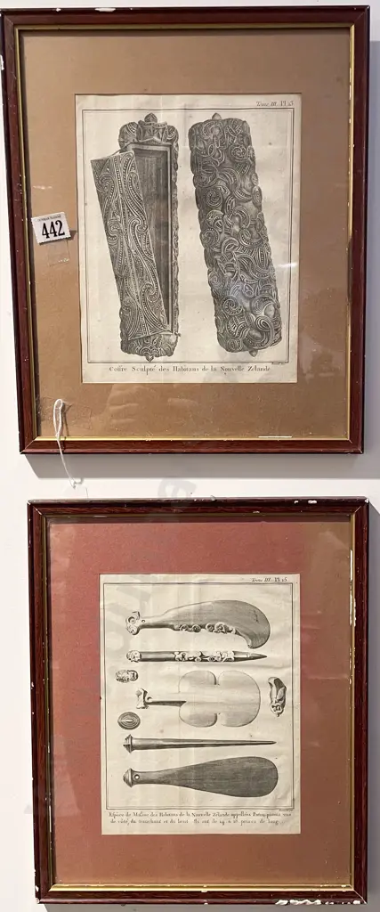 Two Framed Maori Artefact Themed Bookplates Image 1++