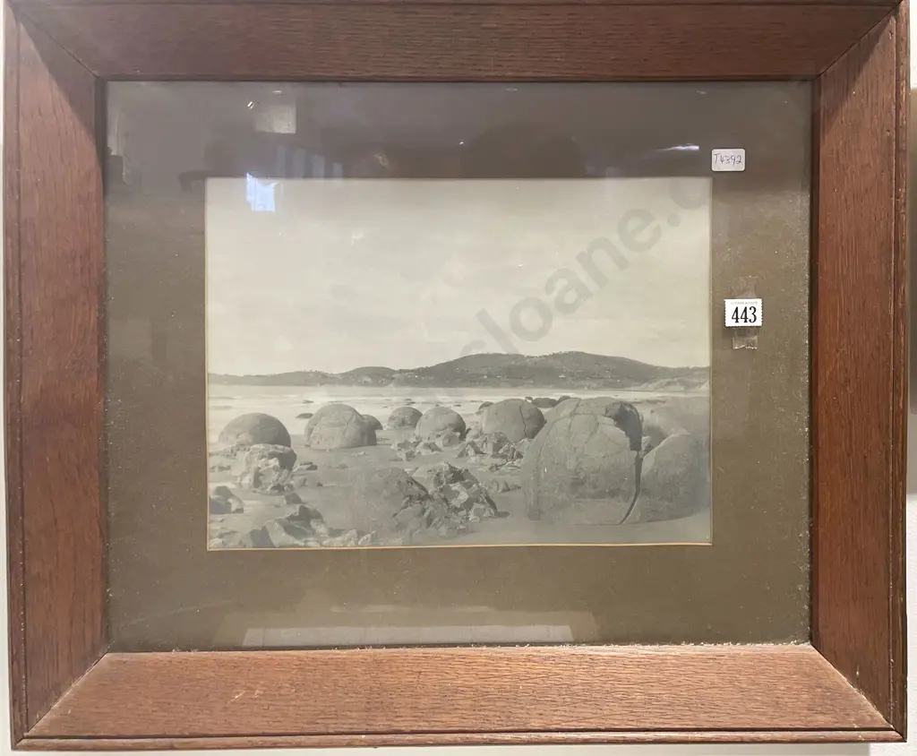 Oak Framed Black & White Photograph of the Moeraki Boulders Image 1++