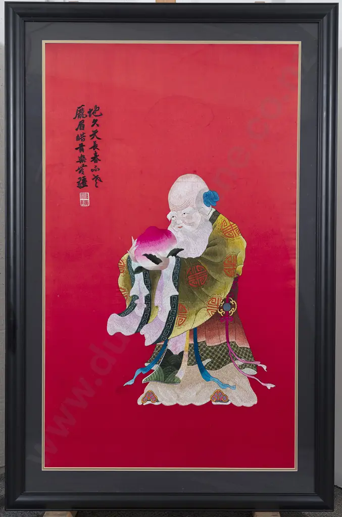 Large Framed Silk Embroidered Work of Shou Lao Image 1++