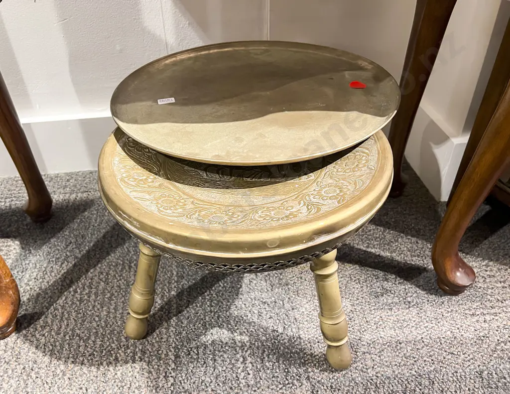 Brass Three Legged Stool together with Tray Image 1++