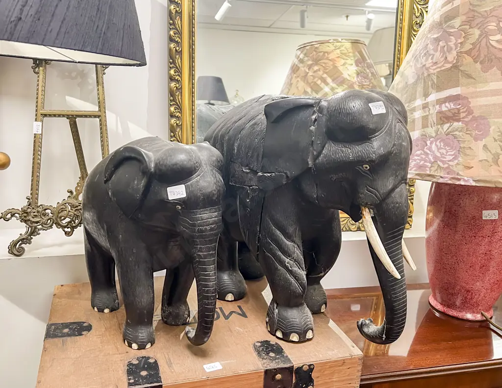 Pair Very Large Ebony Elephants (Faults) Image 1++