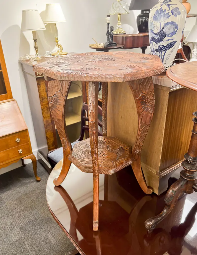 C1910 Japanese Art Nouveau Floral Carved Circular Table Retailed By Liberty & Co, London Image 1++