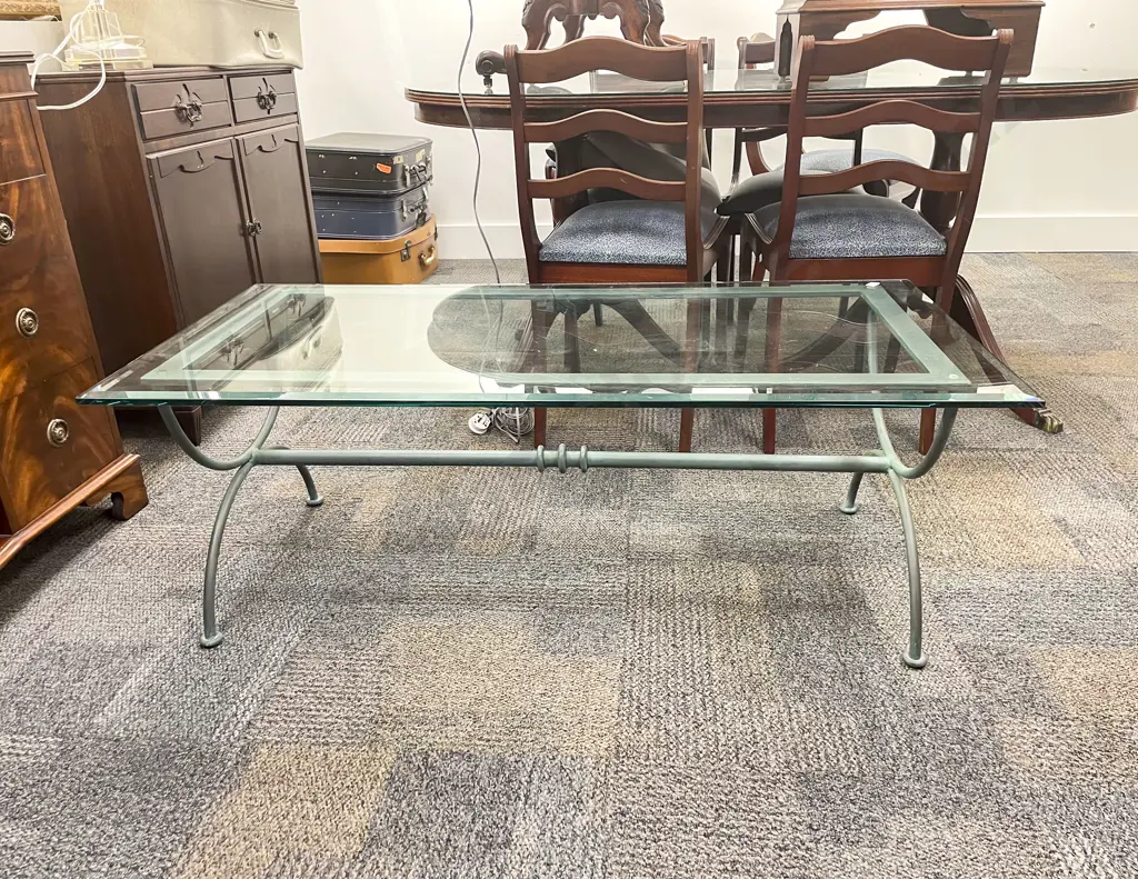 Rectangular Coffee Table on Wrought Metal Base with Bevelled Glass Top Image 1++