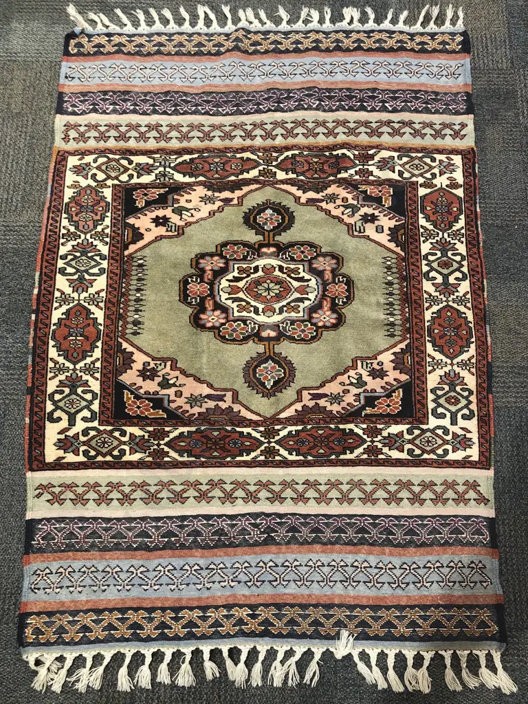 Persian Floor Rug with Centralized Medallion & Multiple Fringed Borders to Each End Image 1++