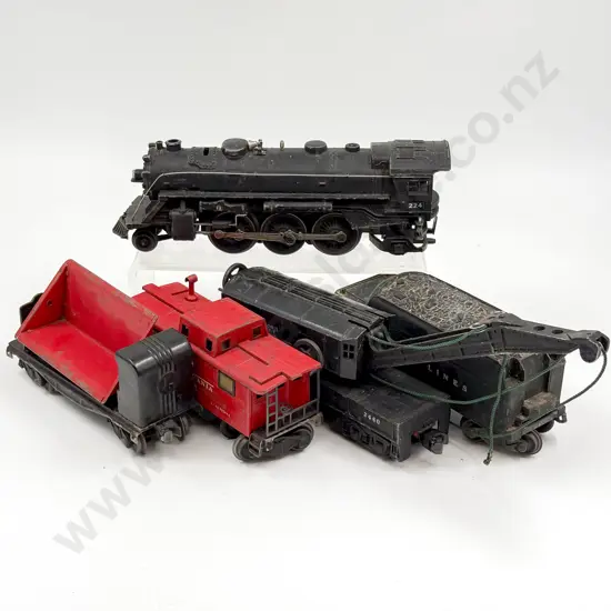 Lionel O Gauge 224 2-6-2 Locomotive and Tender with caboose crane truck and tipping wagon