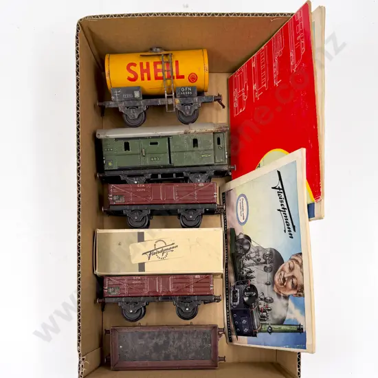 Fleischmann O Gauge Five Freight Cars and Baggage Car with three catalogues C1959