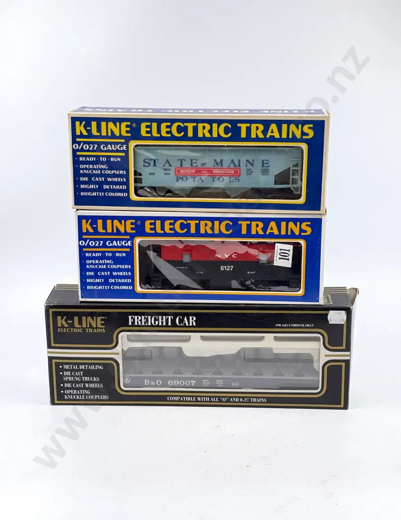 K-Line Electric Trains O Gauge Boxed NYC Caboose Maine Hopper Car and B&O Flat Car Image 1++