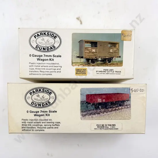 Parkside Dundas O Gauge Two Wagon Kits BR 12 Ton Pipe Wagon and NE Cattle Truck