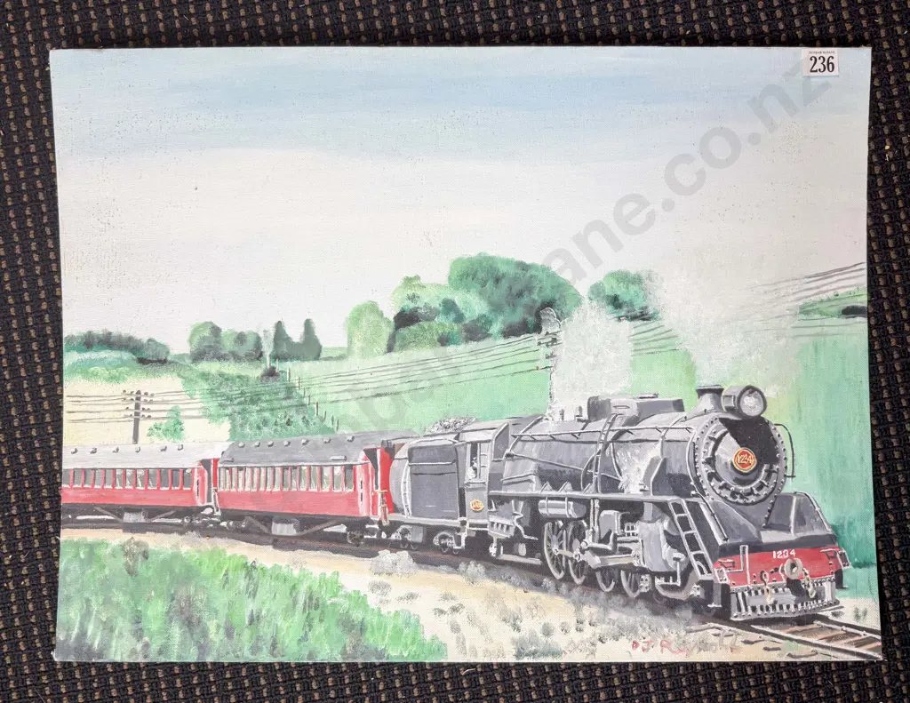 Acrylic on Board By D J Reynolds NZ Steam Locomotive and Tender 123N 46 x 61cm Image 1++