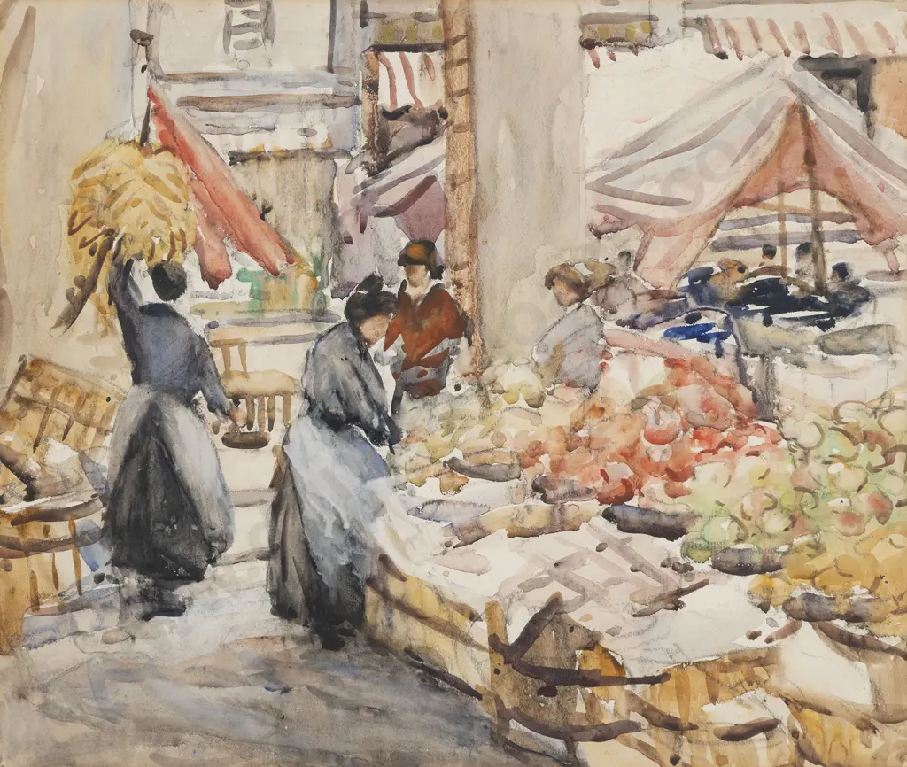 Maude Burge (1865 - 1957) - European Market Scene Image 1++