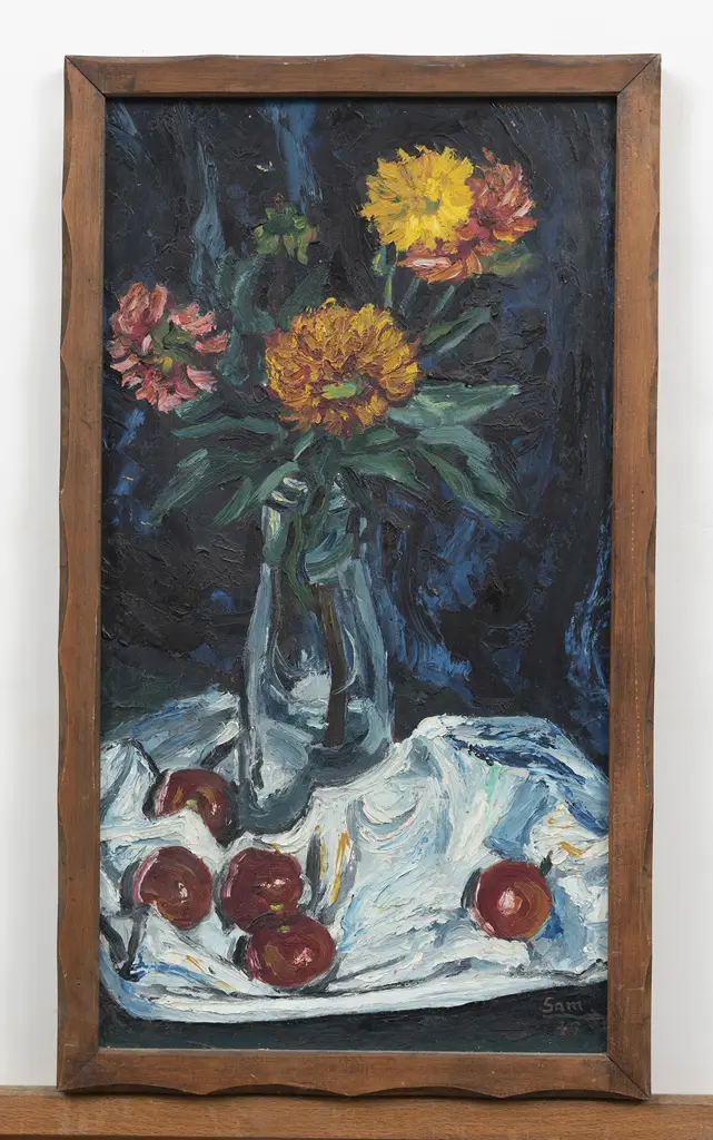 Sam Cairncross (1913 - 1976) - Still Life with Dahlias & Cherries Image 1++