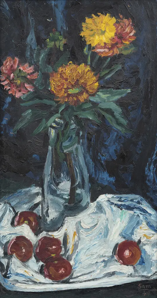 Sam Cairncross (1913 - 1976) - Still Life with Dahlias & Cherries Image 1++
