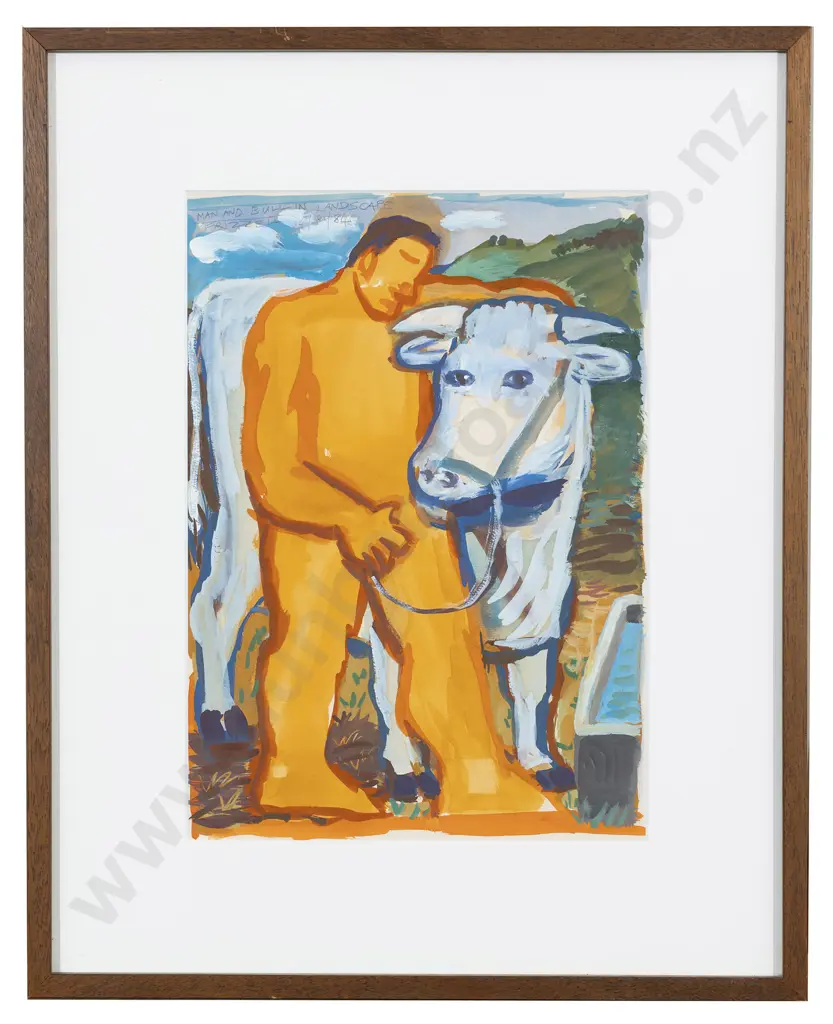 Dick Frizzell (b 1943) - Man and Bull in Landscape Image 1++