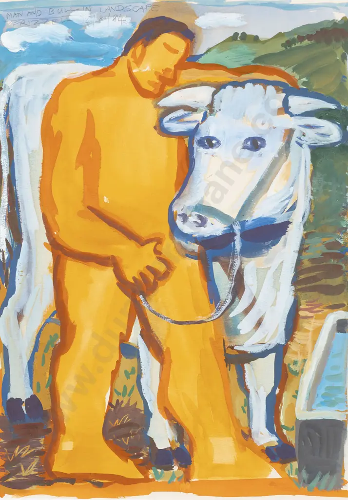 Dick Frizzell (b 1943) - Man and Bull in Landscape Image 1++