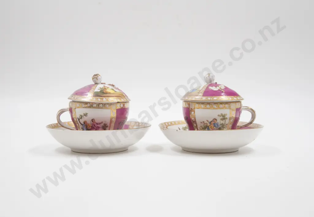 Pair C19th Dresden R Mark Covered Cup & Saucers Image 1++