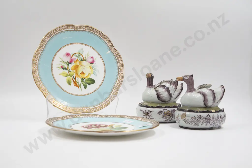C19th Pair Faience Duck Tureens & Pair Dessert Plates Image 1++