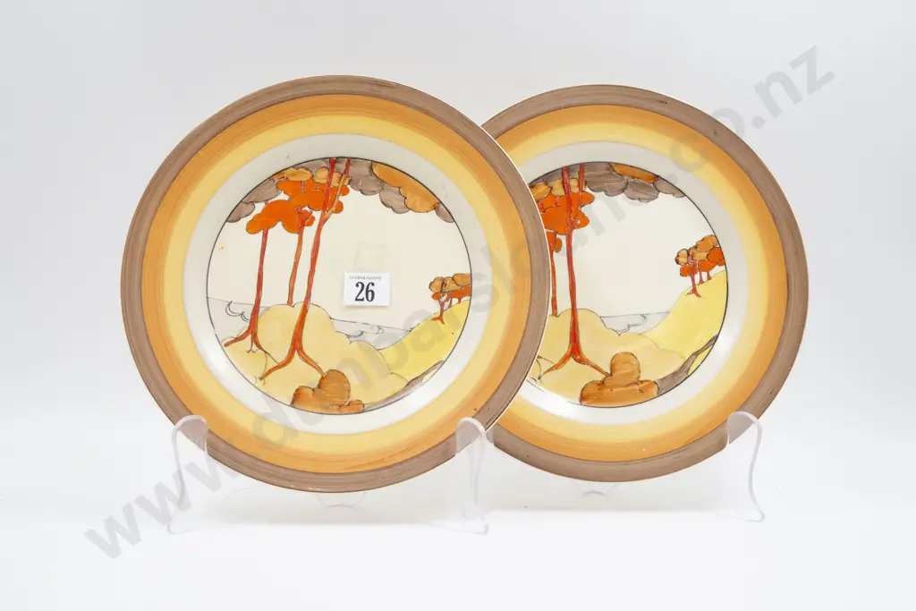 Pair Clarice Cliff Bizarre Coral Firs Pattern Dinner Plates Image 1++