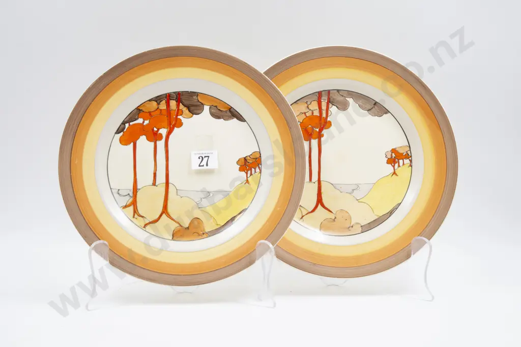 Pair Clarice Cliff Bizarre Coral Firs Pattern Dinner Plates Image 1++