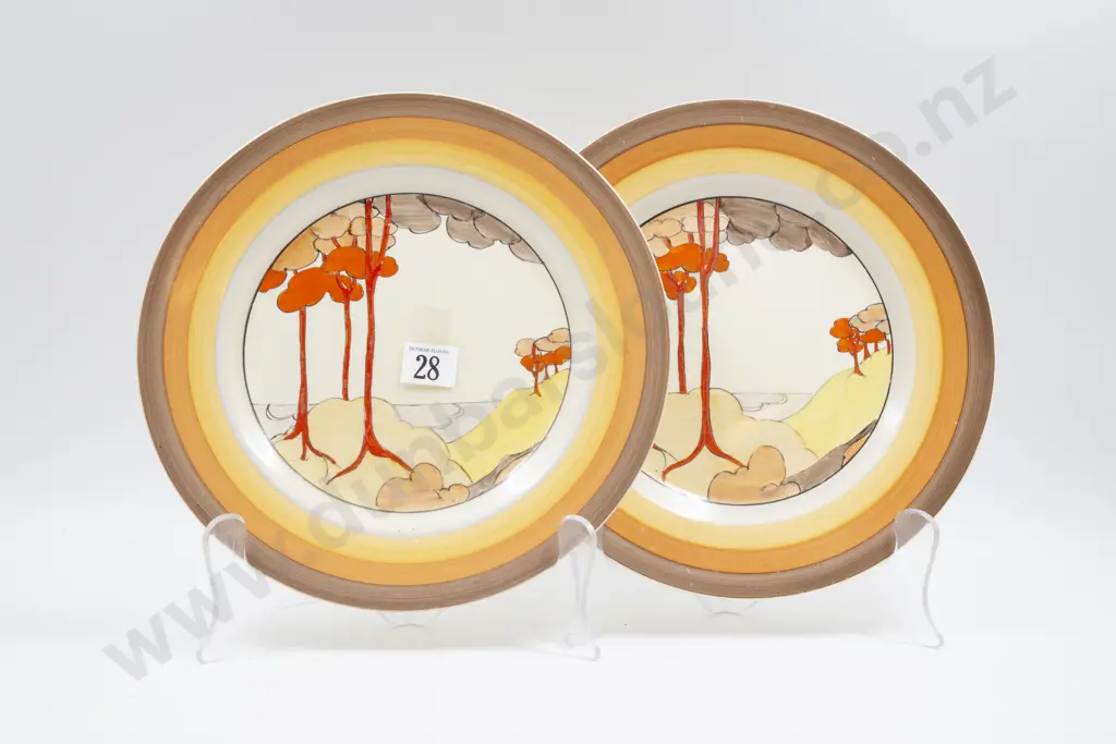 Pair Clarice Cliff Bizarre Coral Firs Pattern Dinner Plates Image 1++