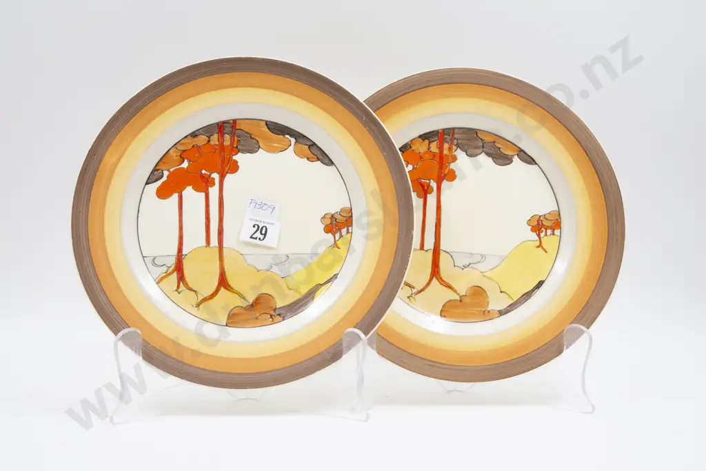 Pair Clarice Cliff Bizarre Coral Firs Pattern Dinner Plates Image 1++