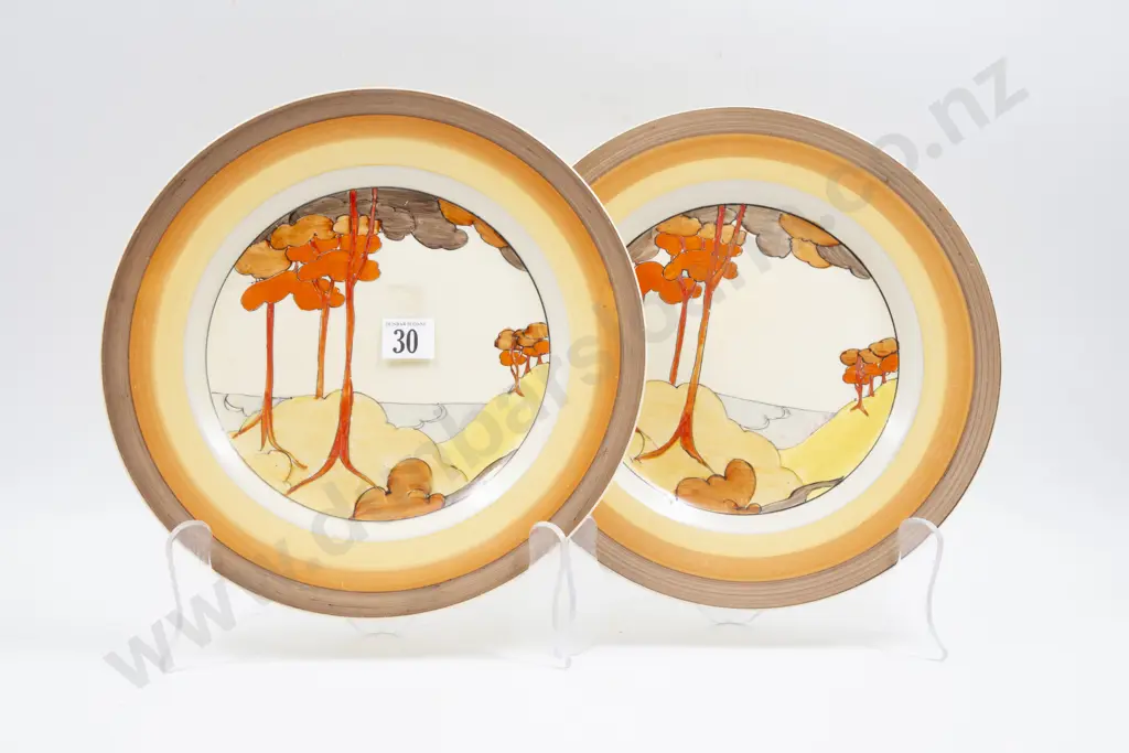 Pair Clarice Cliff Bizarre Coral Firs Pattern Dinner Plates Image 1++