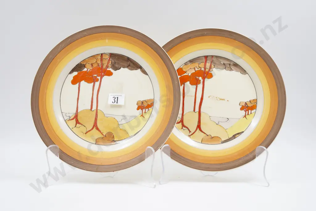 Pair Clarice Cliff Bizarre Coral Firs Pattern Dinner Plates Image 1++