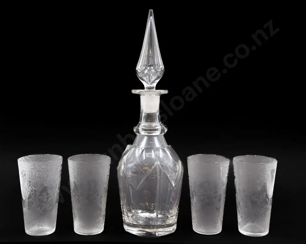 Victorian Mallet Body Spirit Decanter & Four Edwardian Finely Etched Tumblers Image 1++