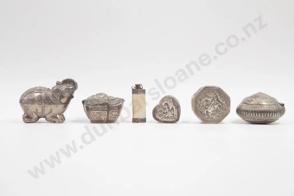 Collection of Six Thai Silver Trinket Boxes &  Scent Flask Image 1++