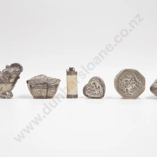 Collection of Six Thai Silver Trinket Boxes &  Scent Flask
