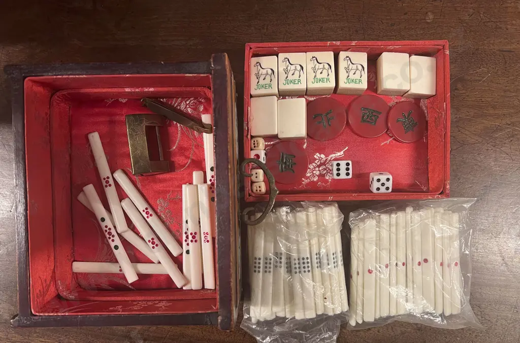 Vintage Bone & Bamboo Mah Jong Set in Fancy Carry Chest Image 1++