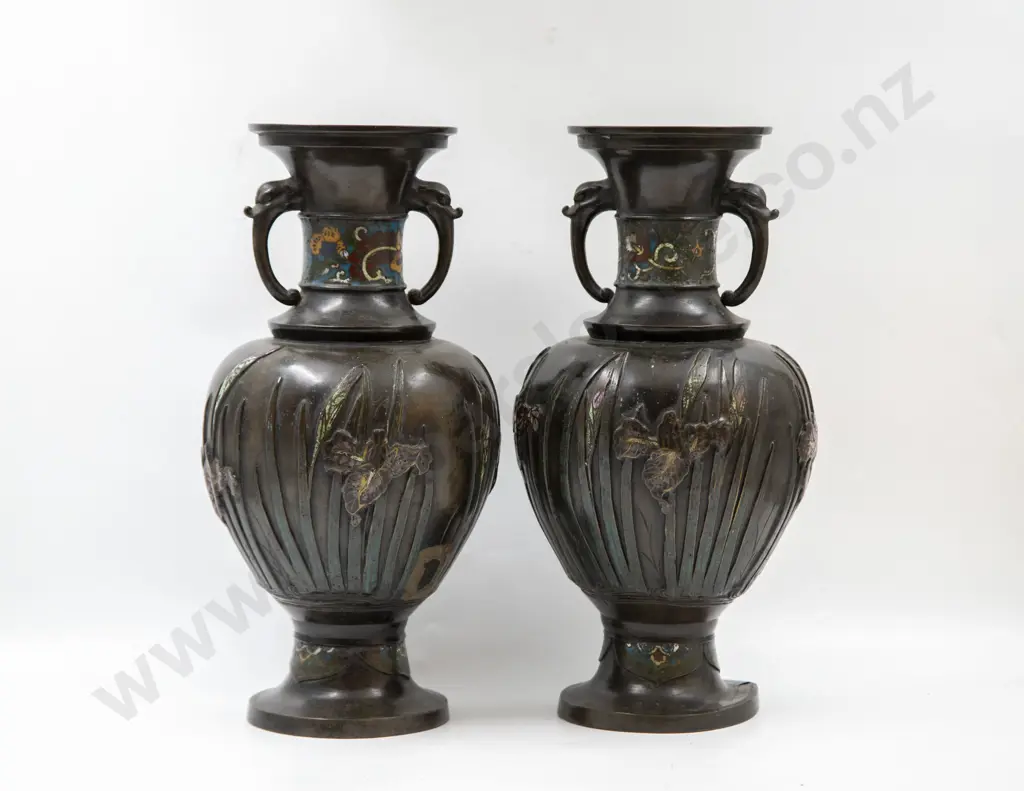 Pair of Vintage Japanese Cloisonne on Bronze Mantel Vases Image 1++